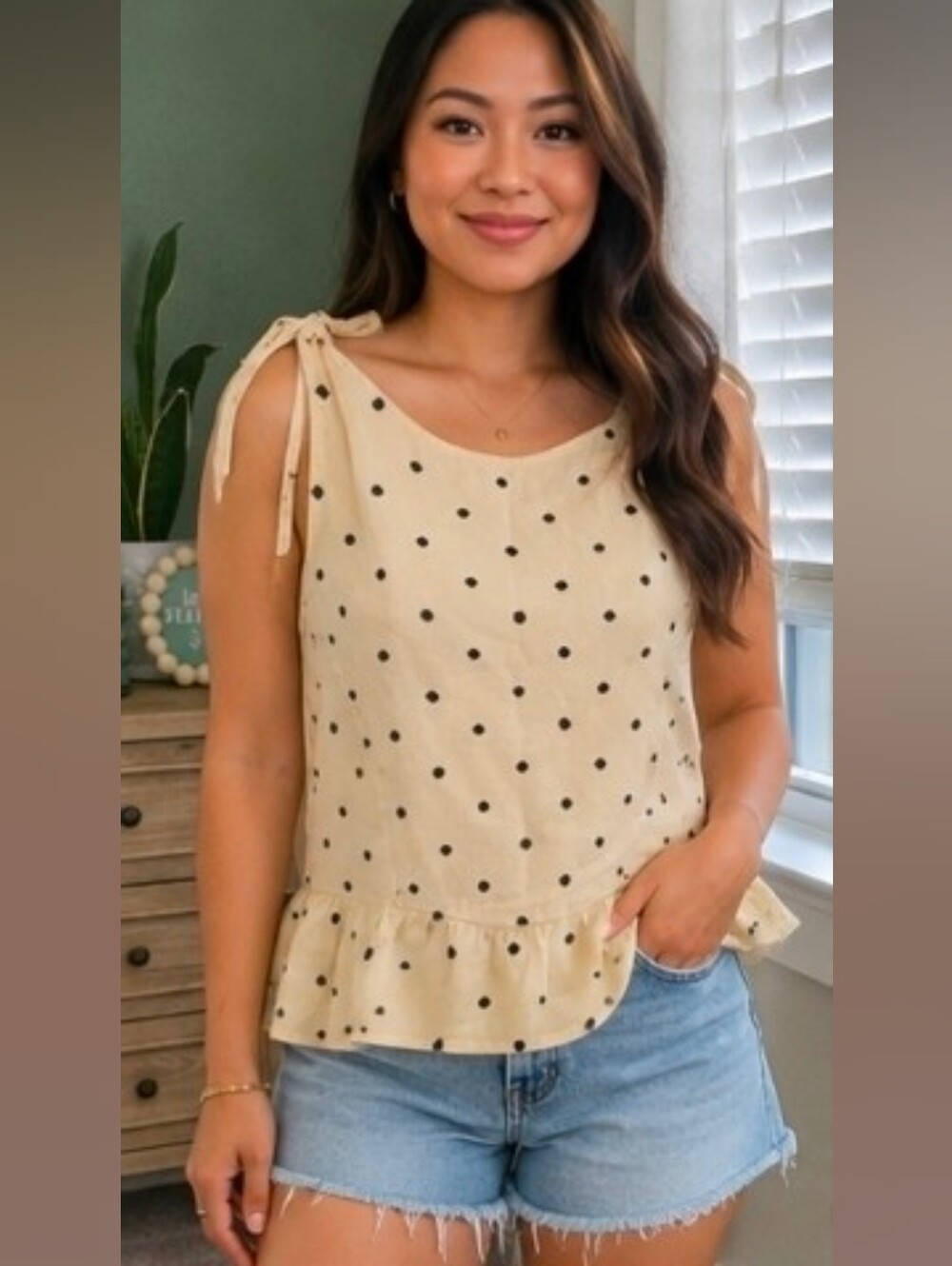 H&M Cream Tank Top with Black Polka Dots and Tie Shoulders. SIZE LARGE